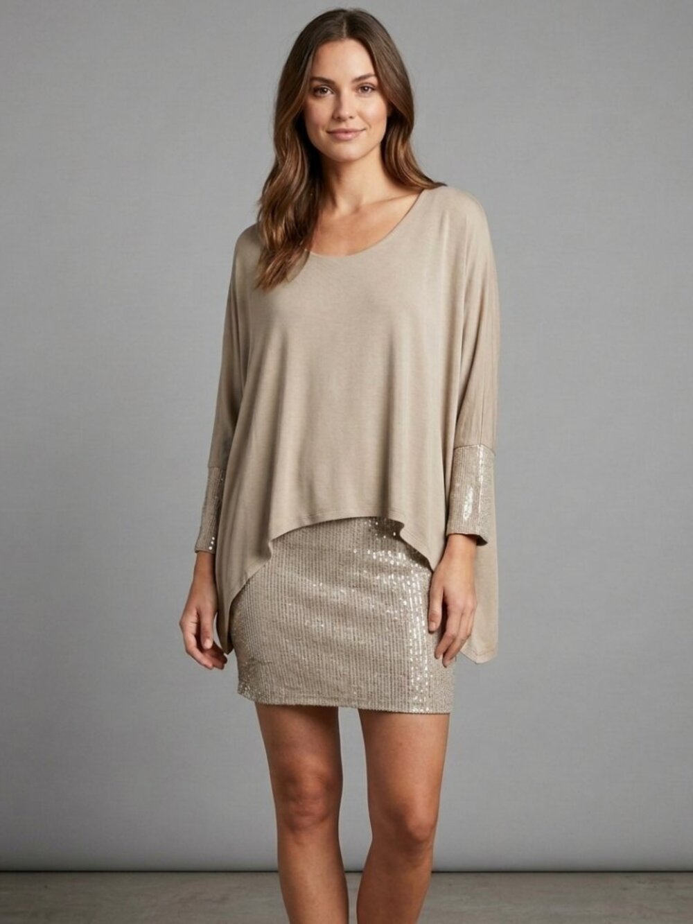 Angela Mara Flowy Sequins Taupe Dress